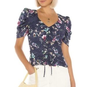 House Of Harlow X Revolve Meli Satin Jacquard Top Lace Up Puff Sleeve Womens XS